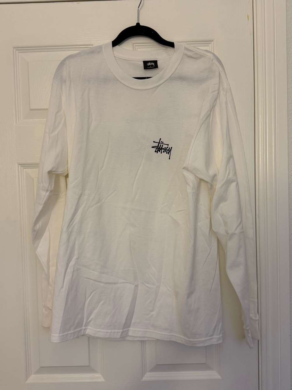 Stussy White Long Sleeve Logo Tee with Black Script